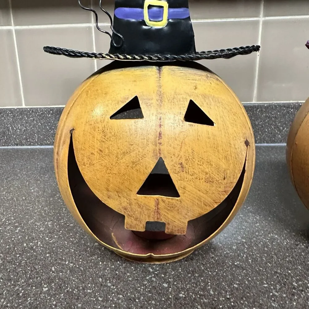 Set of 2 Halloween Metal Pumpkin Lanterns – Witch Hats w/ Bat & Ghosts 15”